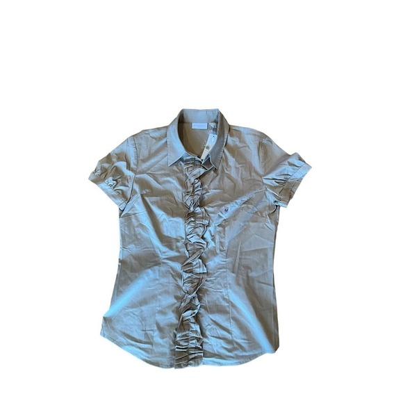 New York & Company Button-Up Shirt Women's Size M Gray Short Sleeve Ruffle Front - Picture 1 of 4